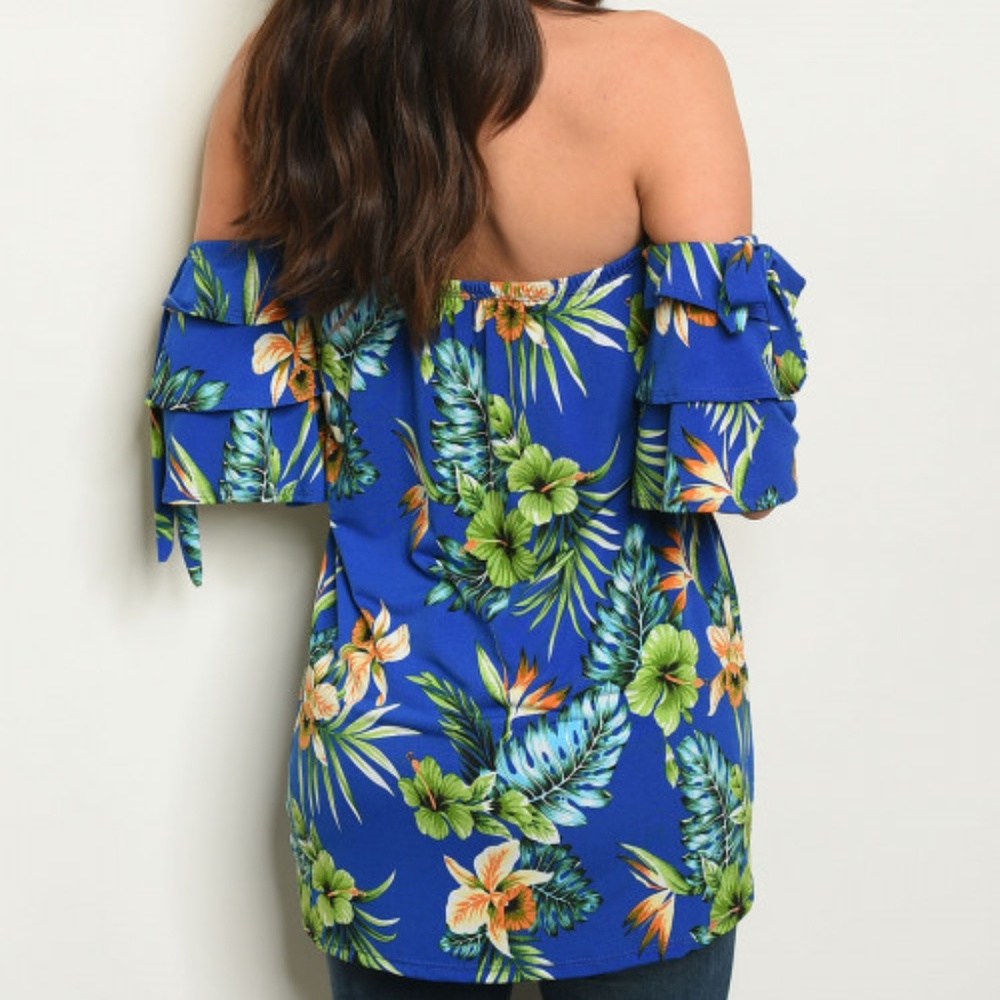 GIRLY & FLIRTY BLUE OFF SHOULDER FLORAL TOP - Picture 2 of 5